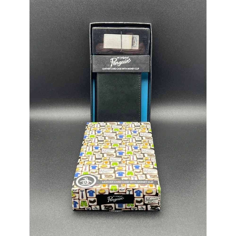 Original Penguin Mens Black Leather Card Case and Silver Money Clip Gift Set